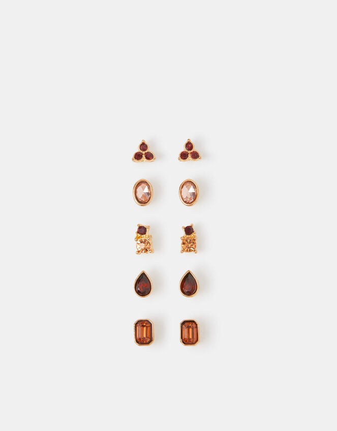 5-Pack Gemstone Stud Earrings, Brown (BROWN), large