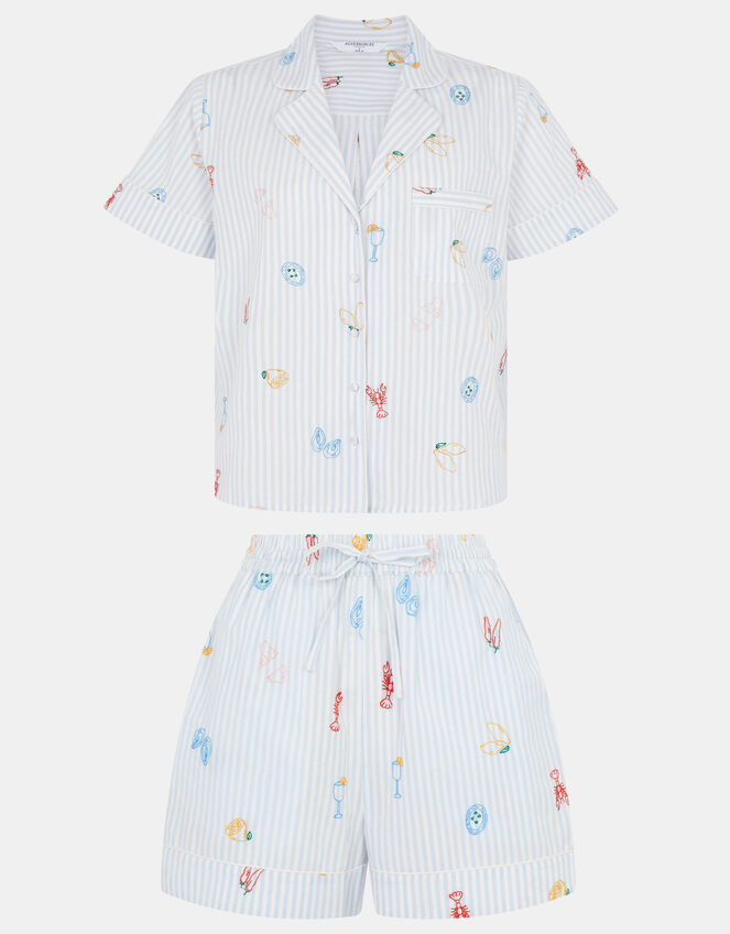 Embroidered Stripe Short Pyjamas Set, Blue (BLUE), large