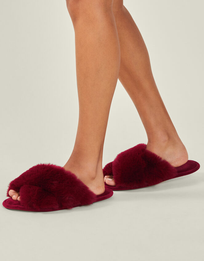 Cross Strap Faux Fur Slide Slippers, Red (RED), large
