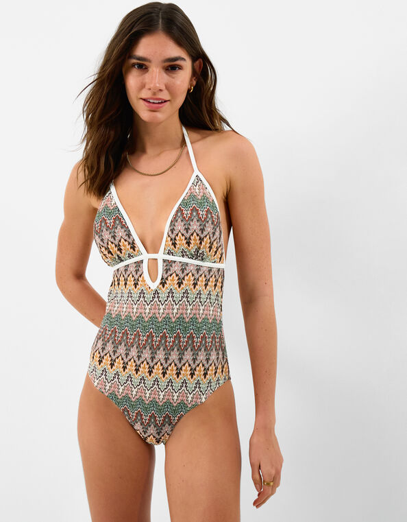 Crochet Plunge Swimsuit, Natural (NEUTRAL), large