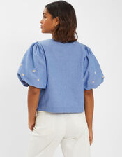 Daisy Puff-Sleeve Tie Top, Blue (BLUE), large