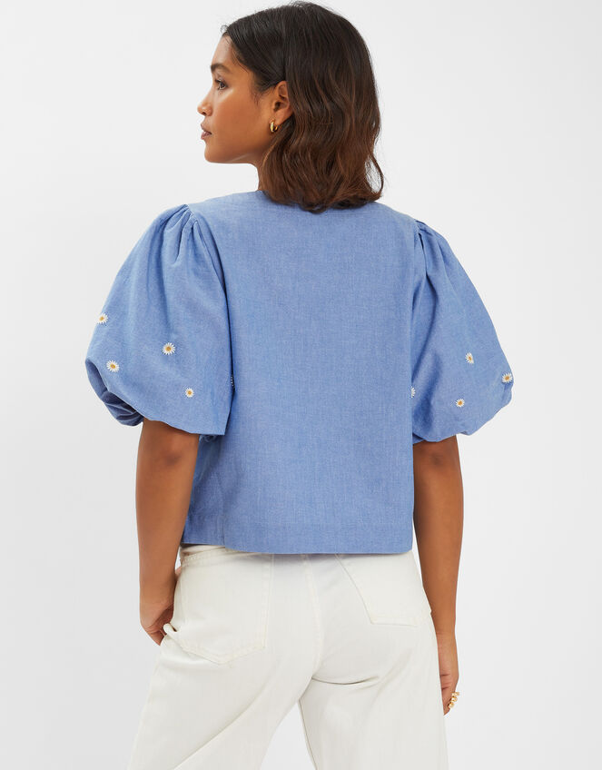 Daisy Puff-Sleeve Tie Top, Blue (BLUE), large