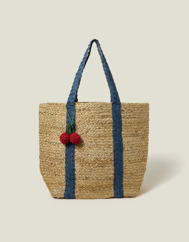 Denim Strap Jute Shoulder Bag, , large
