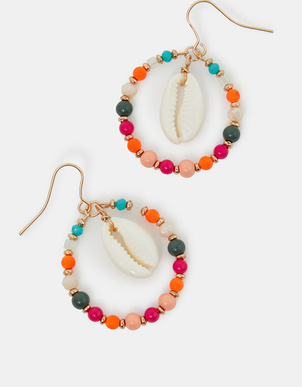 Small Shell Drop Beaded Hoop Earrings, , large