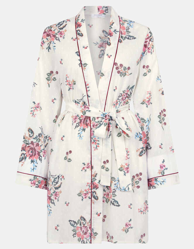 Floral Print Short Dressing Gown, Ivory (IVORY), large