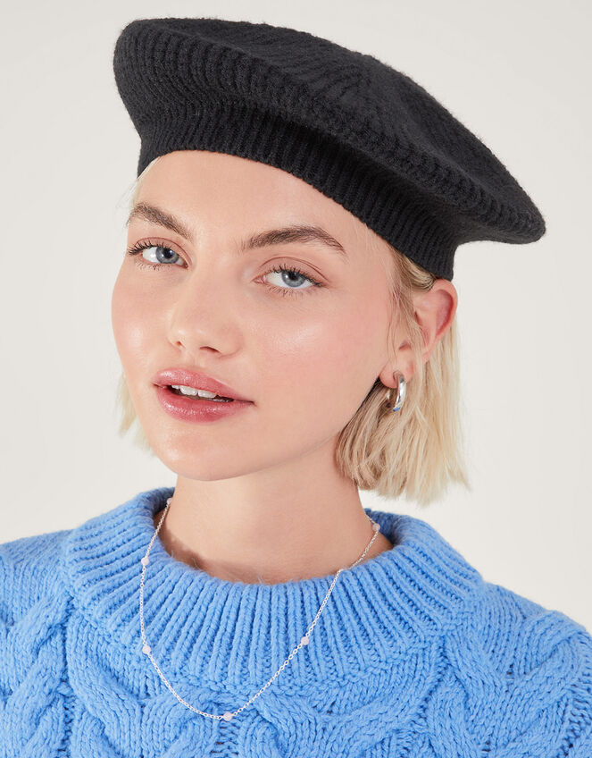 Ribbed Knit Beret, Black (BLACK), large