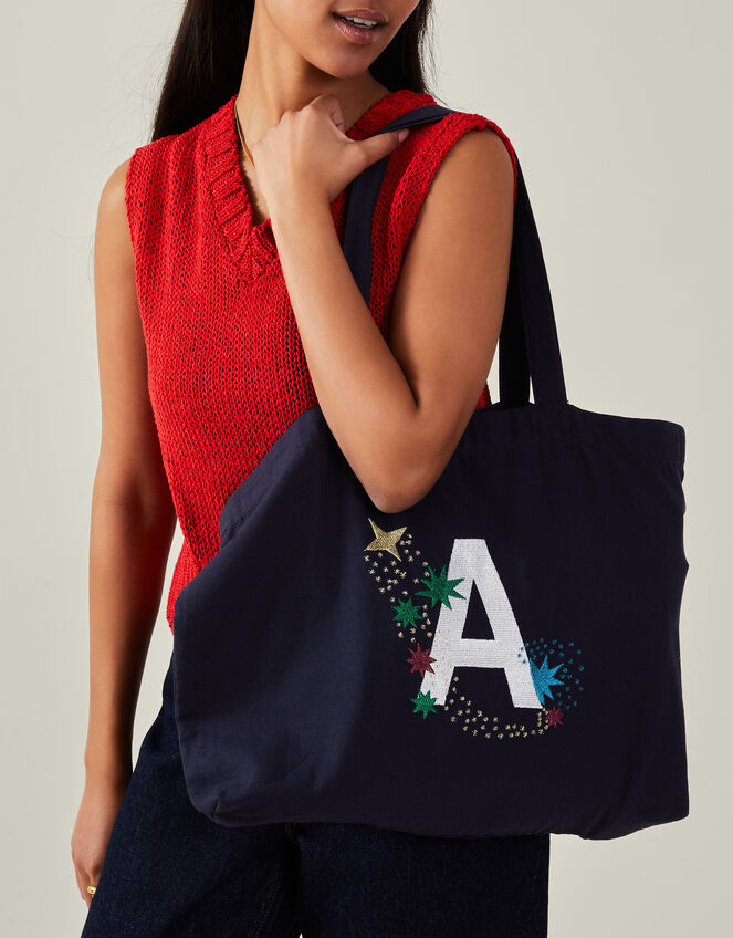 Initial Embroidered Tote Bag, Blue (NAVY), large