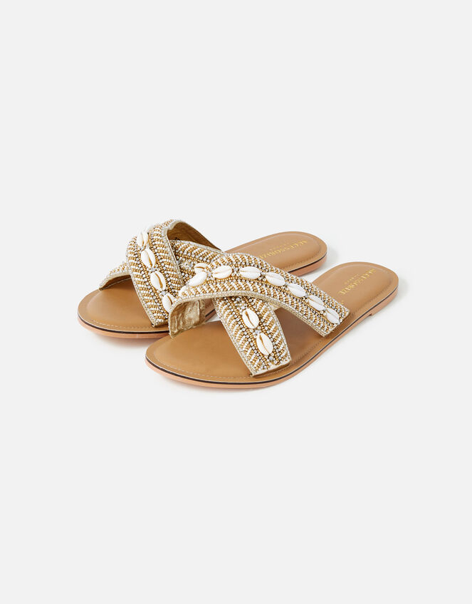 Cowrie Shell Beaded Cross-Over Sandals, Natural (NATURAL), large