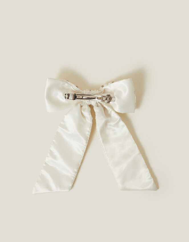 Pearl Diamante Bow Hair Clip, , large