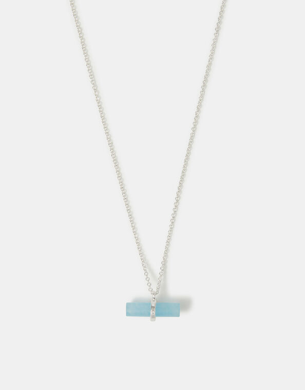 Sterling Silver-Plated Blue Quartz T-Bar Pendant Necklace, , large