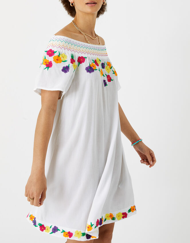 Pop Floral Embroidered Bardot Dress, Ivory (IVORY), large