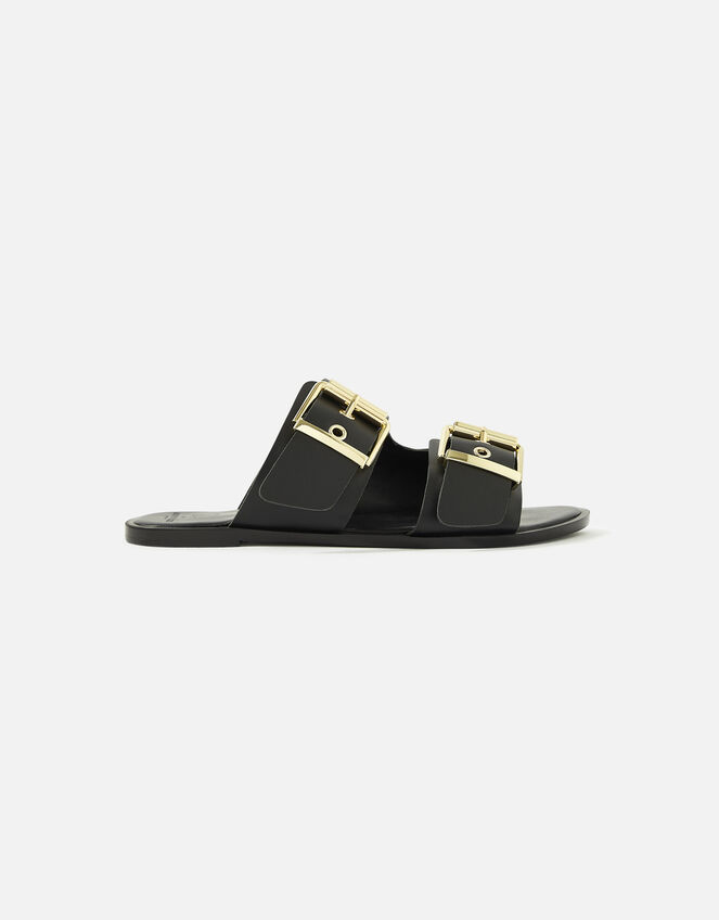 Chunky Buckle Leather Sandals , Black (BLACK), large