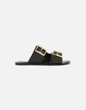 Chunky Buckle Leather Sandals , Black (BLACK), large