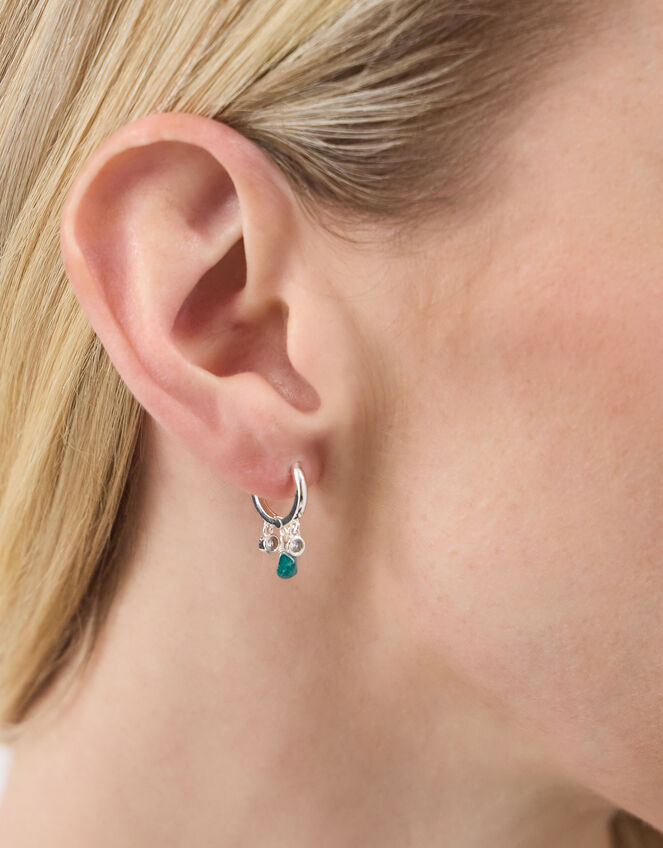 Sterling Silver-Plated Stone Drop Huggie Hoop Earrings, , large