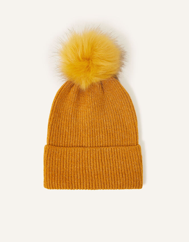 Knit Pom-Pom Beanie with Recycled Fabric, Yellow (OCHRE), large