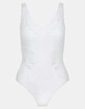 Floral Cutwork Swimsuit, White (WHITE), large