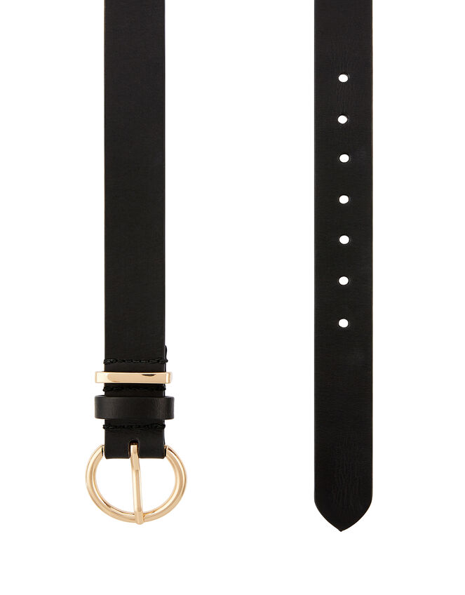 Round Buckle Leather Belt, Black (BLACK), large