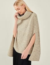 Roll Neck Knit Poncho, Camel (OATMEAL), large