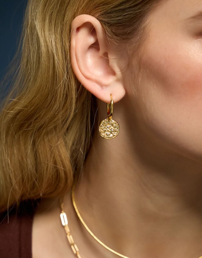 14ct Gold-Plated Celestial Coin Charm Hoop Earrings, , large