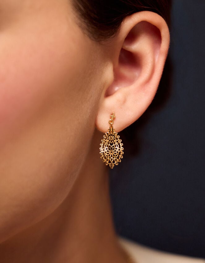 14ct Gold-Plated Filigree Teardrop Earrings, , large