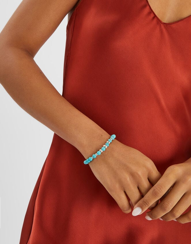 Sterling Silver-Plated Semi-Precious Stretch Bracelet, Blue (BLUE), large