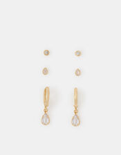 3-Pack 14ct Gold-Plated Pear Stud & Hoop Earrings, , large