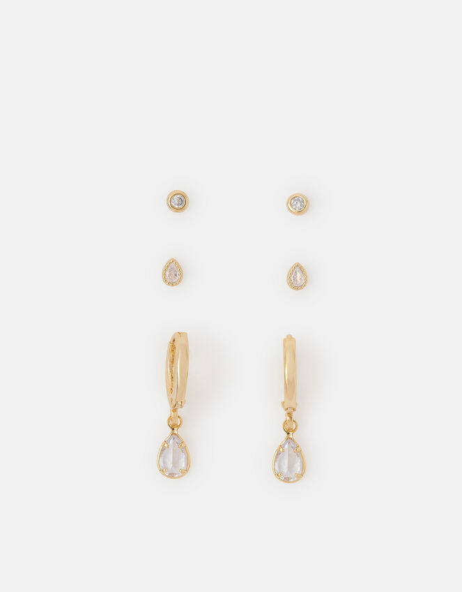 3-Pack 14ct Gold-Plated Pear Stud & Hoop Earrings, , large