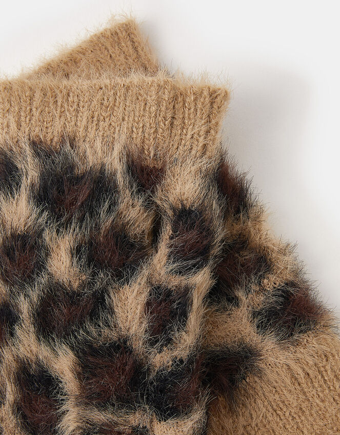 Fuzzy Leopard Print Fingerless Gloves, , large