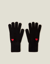 Touchscreen Heart Embroidered Knit Gloves, Black (BLACK), large