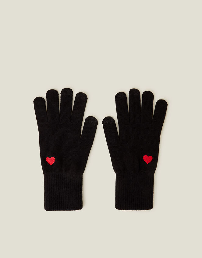 Touchscreen Heart Embroidered Knit Gloves, Black (BLACK), large