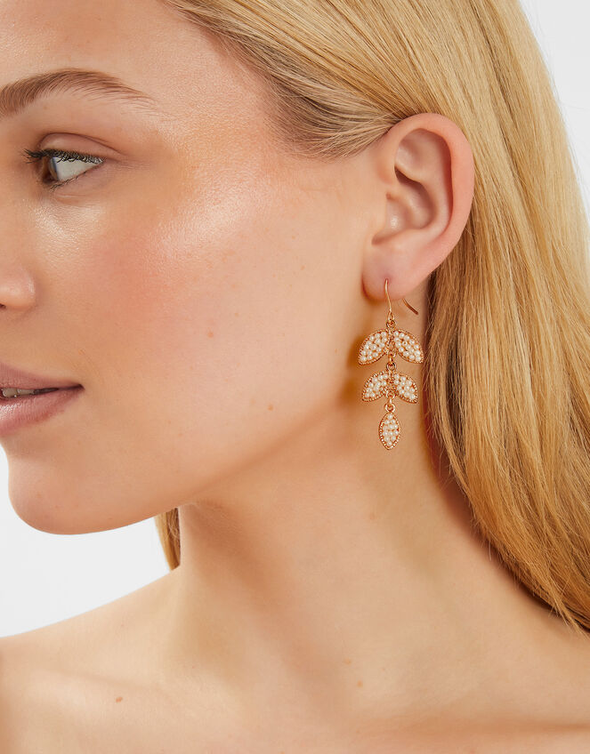 Beaded Leaf Drop Earrings Pearl, , large