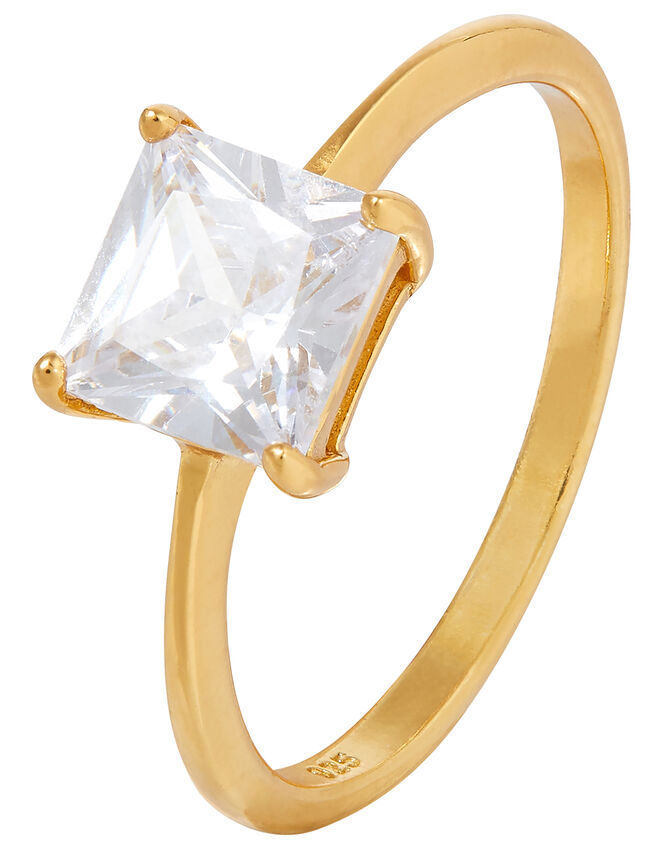 Sterling Silver Princess Cut Solitaire Ring, Gold (GOLD), large