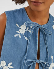 Floral Embroidered Denim Waistcoat, Blue (BLUE), large