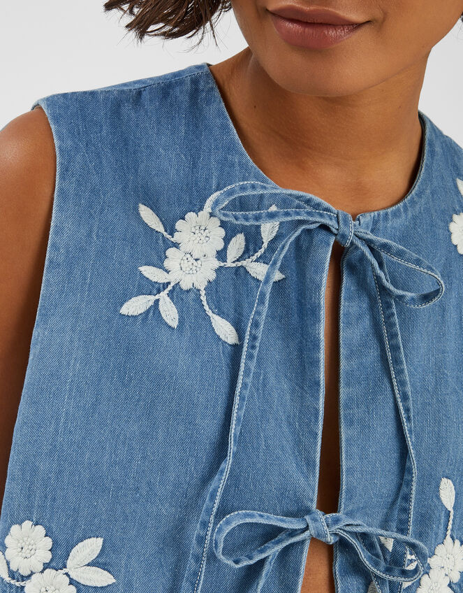 Floral Embroidered Denim Waistcoat, Blue (BLUE), large