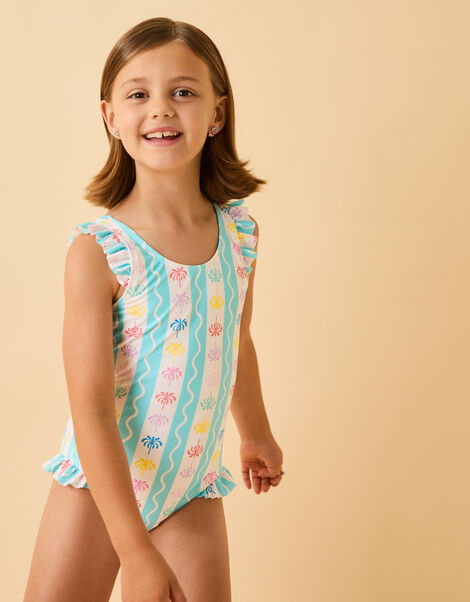 Girls Palm Tree Stripe Swimsuit, Multi (BRIGHTS MULTI), large