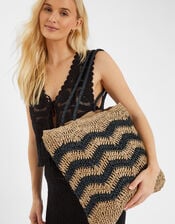 Chevron Raffia Shopper Bag, , large