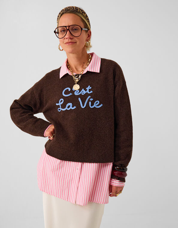 Accessorize x Good Manners C'est La Vie Jumper, Brown (CHOCOLATE), large