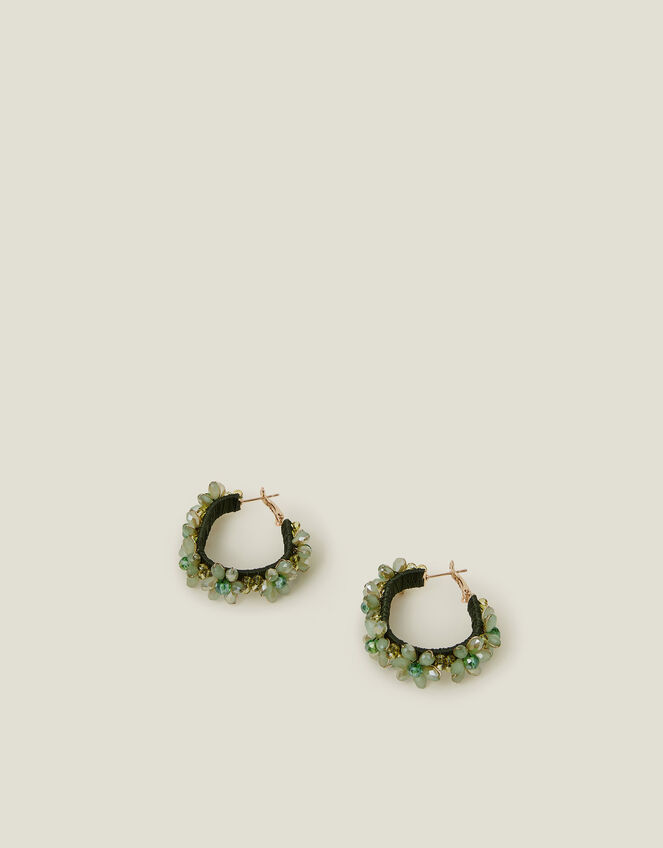 Flower Beaded Hoop Earrings, , large