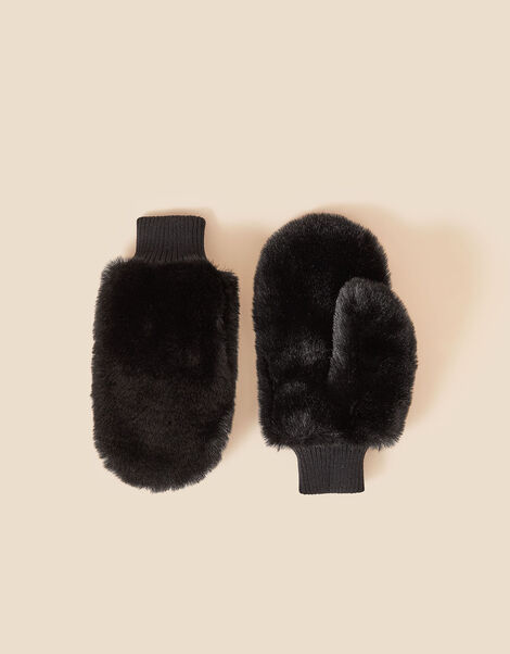 Faux Fur Mittens, Black (BLACK), large