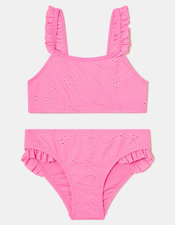 Girls Ruffle Broderie Bikini Set, Pink (PALE PINK), large