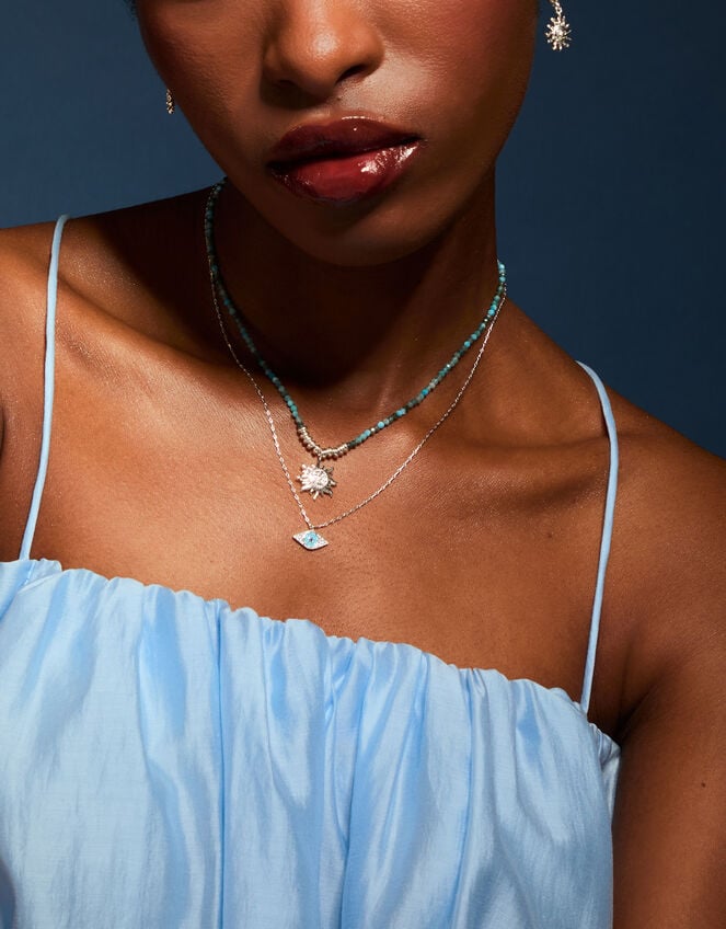 Sterling Silver-Plated Bead Sun Pendant Necklace, , large