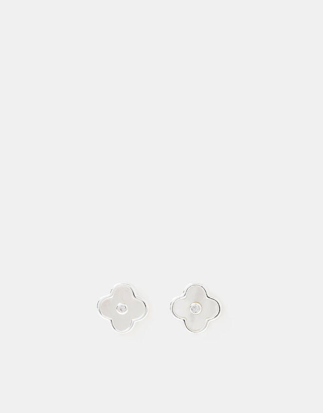 Sterling Silver Mother of Pearl Clover Stud Earrings, , large