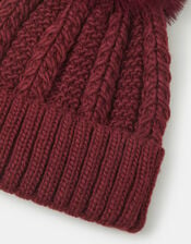 Faux Fur Pom Beanie Hat, Red (BURGUNDY), large
