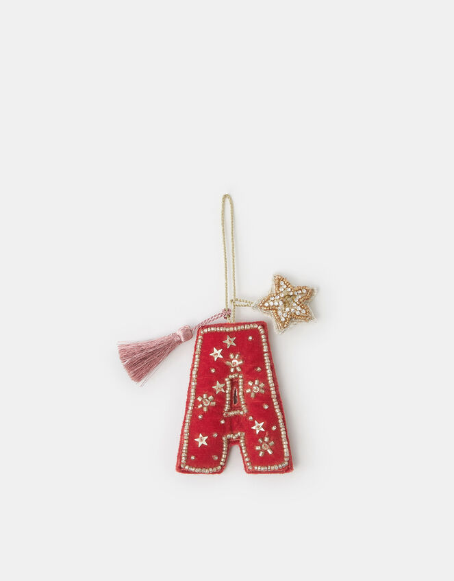 Beaded Initial Velvet Christmas Tree Decoration, Orange (ORANGE), large