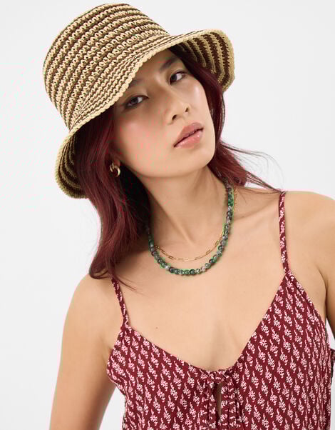 Stripe Raffia Bucket Hat, , large