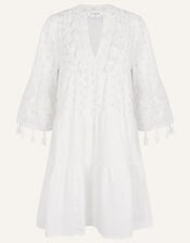 Dobby Tassel Trim Dress, White (WHITE), large