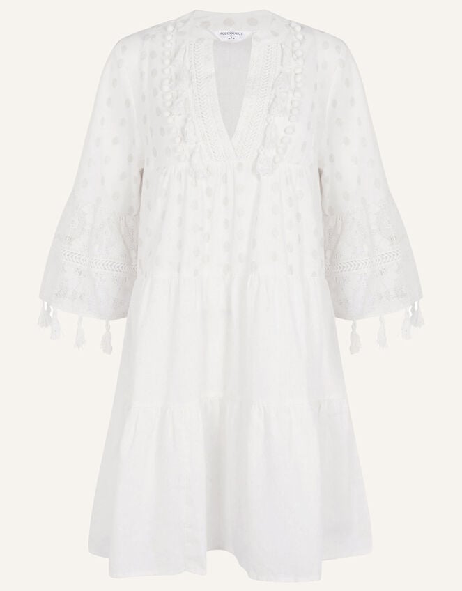 Dobby Tassel Trim Dress, White (WHITE), large