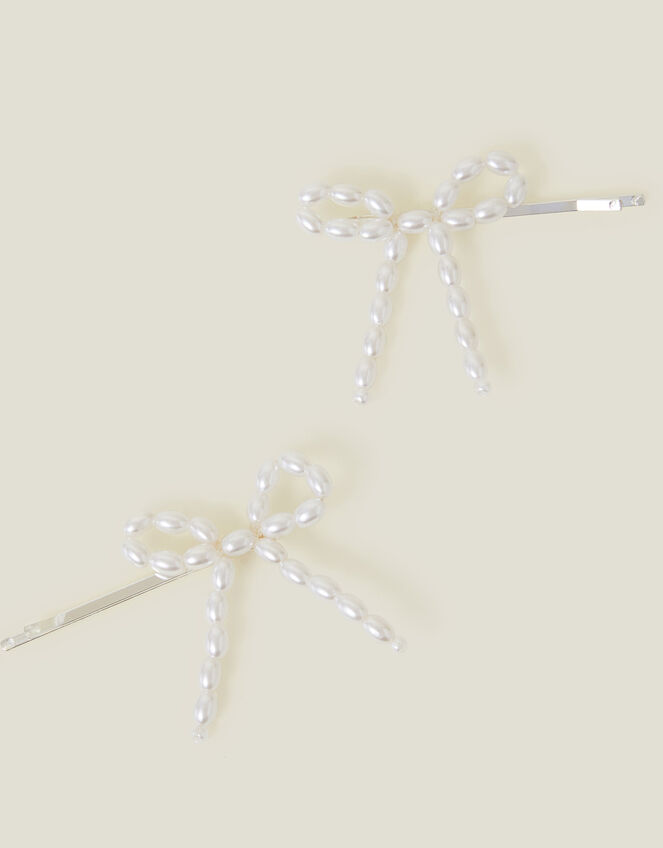 2-Pack Girls Pearl Bow Hair Clips, , large