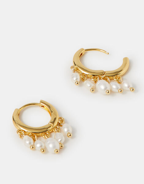 14ct Gold-Plated Pearl Hoop Drop Earrings, , large