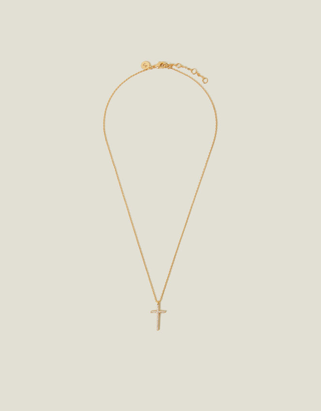 14ct Gold-Plated Sparkle Cross Pendant Necklace, , large